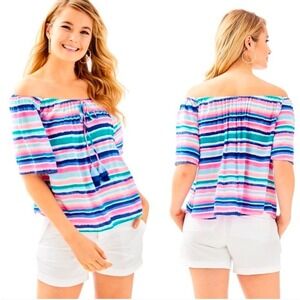 Lilly Pulitzer Sain Womens Small Multi Color Striped Off Shoulder Tassel Top